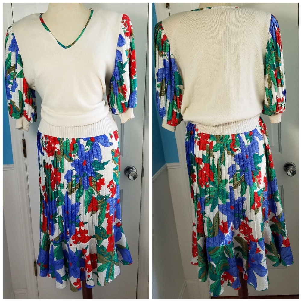 Vintage floral pleated skirt two piece skirt set